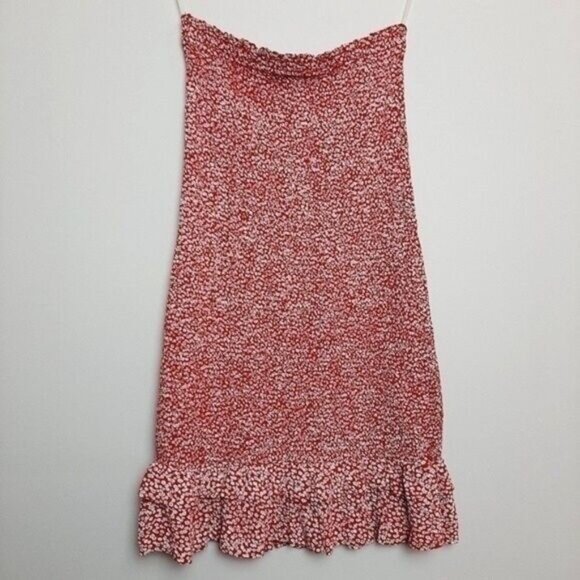 AEO | Smocked Tube Short Dress Red & White Ditsy Floral Mini Ruffle Hem Sz S - Picture 8 of 10